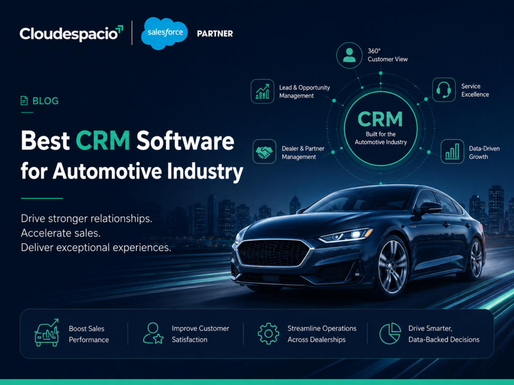 Best CRM software for automotive industry blog banner featuring Salesforce Automotive Cloud, dealership CRM, OEM CRM, lead management, customer engagement, sales automation, after-sales service, and AI-powered automotive customer relationship management.
