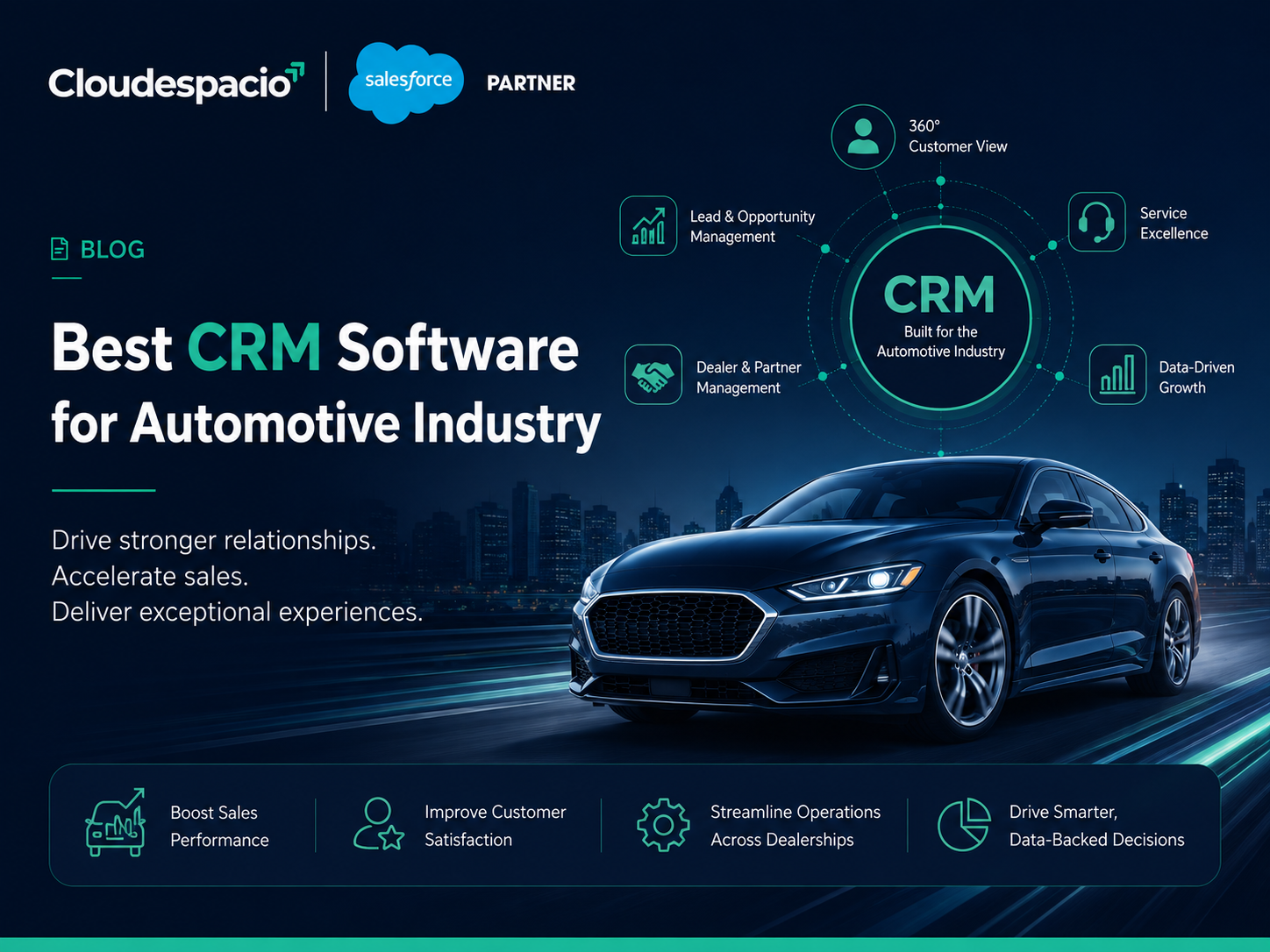 Best CRM software for automotive industry blog banner featuring Salesforce Automotive Cloud, dealership CRM, OEM CRM, lead management, customer engagement, sales automation, after-sales service, and AI-powered automotive customer relationship management.