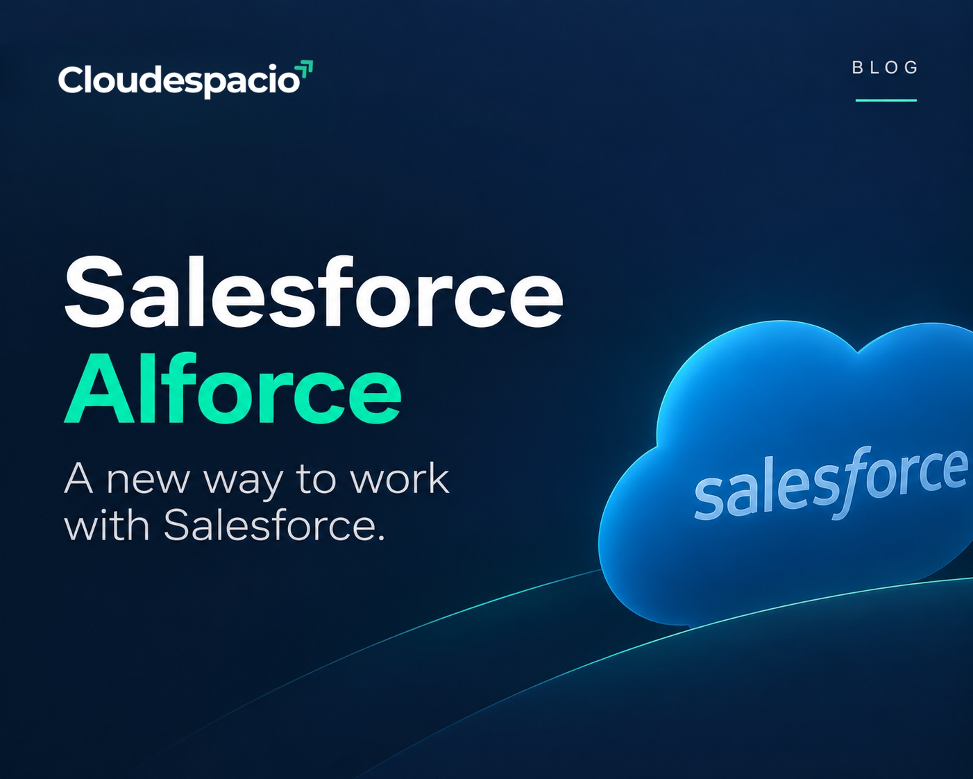 A minimalist 5:4 blog banner for Cloudespacio featuring a dark navy blue background with teal green accents. The Cloudespacio logo appears in the upper-left corner with the tagline “IDEAS • PEOPLE • SALESFORCE” underneath, while “BLOG” and a teal underline are positioned in the upper-right corner. Large white and teal typography on the left reads “Salesforce AIforce,” followed by the subtitle “A new way to work with Salesforce.” On the right, a glowing blue Salesforce cloud graphic is partially cropped by the edge of the banner, with subtle curved teal orbital lines extending across the lower section. The overall design communicates Salesforce innovation, AI-powered workflows, and modern enterprise technology in a clean, professional visual style.